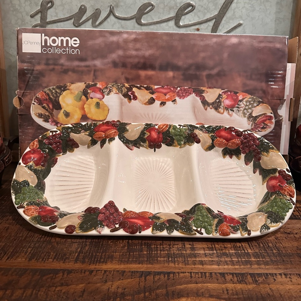 JCPenney Home Collection "Harvest" ceramic divided serving tray 16in with box